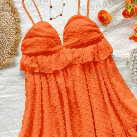 SHEIN Women'sFloral Cutout Polka Dot Ruffle Hem loose Backless Dress​​​​​ - Picture 4 of 5